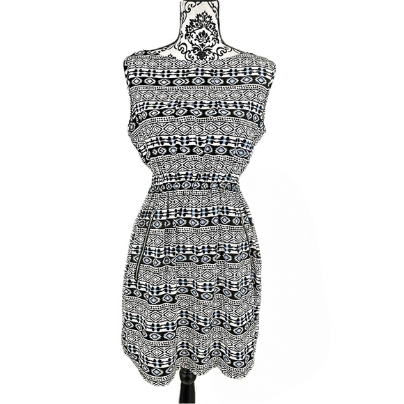 Feathers Boho Navy Blue and White Sheath Cinched Waist Mini Dress, L - Picture 9 of 9